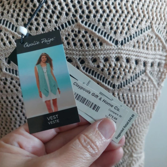 Charlie Paige open knit/ Crocheted Sweater Vest Beige Bohemian Wester S/M - Picture 6 of 8